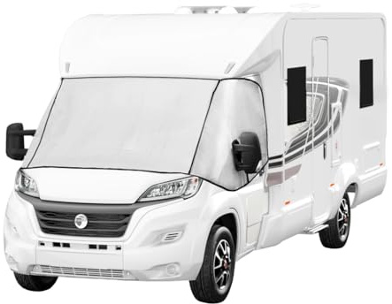 Wohnmobil Frontscheibenabdeckung | Vielseitige Kompatibilität | Silber Außen Thermomatte Sonnenschutz | Allwetter & Wasserdicht Aluminiumfolie [INKL. Tragetasche & 2 Aufbewahrungstaschen]
