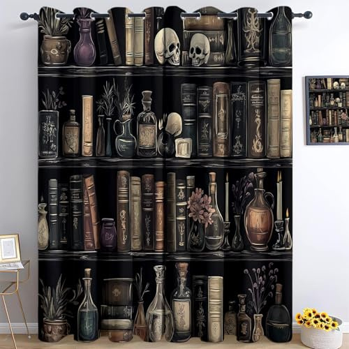 Vorhänge Blickdichte mit Ösen 2er Set, Verdunkelungsvorhänge Retro Bücherregal Totenkopf Dark-Academia Motiv, Vintage Regal & Flaschen Design Thermovorhang für Schlafzimmer Wohnzimmer B 140 x H 200 cm