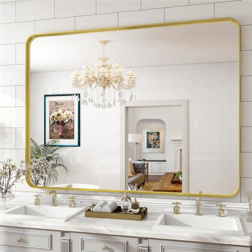 Koonmi Tiefer Rahmen Wandspiegel, 120 x 90 cm Luxus High-End Rechteckiger Badezimmerspiegel, Filetierte Ecke Rahmen Spiegel Horizontal Oder Vertikal Aufgehängt, Gold