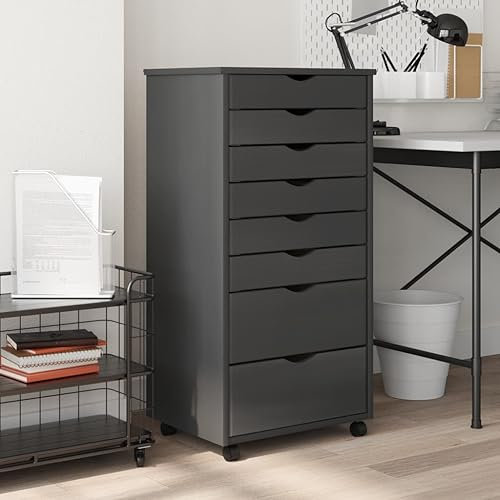 Rollschrank mit Schubladen Massivholz Kiefer Mobiler Aktenschrank für Home Office Honigbraun Typ1 (Grau 53x39x103cm)
