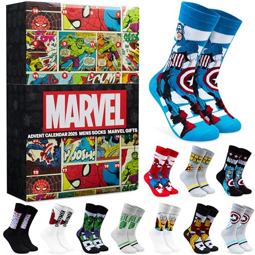 Get Trend Marvel Calendario Adviento 2025 con 24 Calcetines Hombre, 41-45, Diseños de Superhéroes Spiderman, Hulk, Thor y Más, Regalo Friki Hombre