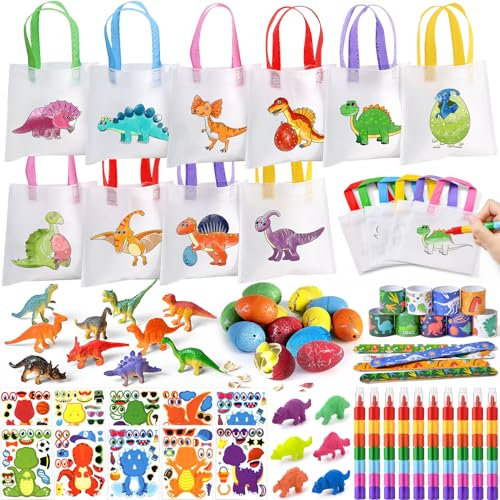Toyssa Dinosaurio Bolsa de Grafiti Regalos Detalles Cumpleaños Niños con Bolsillos para Pintura Crayones Apilables Figuras de Dinosaurio y Pulsera a Presión Regalitos Cumpleaños Invitados Niños