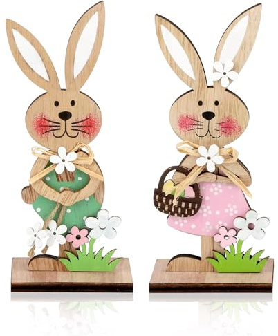 LETSHOLD Kaninchen Deko Aufsteller für Ostern, Osterdekoration aus Holz, Osterhase Deko aus Holz, Sterhasen-Paar mit Blume, Hase aus Holz Osterdeko zum Hinstellen für Innen Außen Desktop (A)