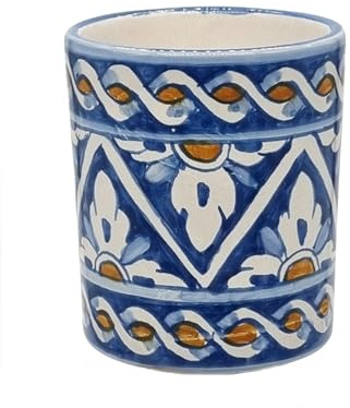 Sicilia Bedda - BICCHIERE PORTASPAZZOLINO IN CERAMICA SICILIANA - Vari Decori - Prodotto Artigianale (Maiolica Blu e Arancio, Altezza 10 Centimetri)