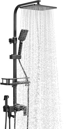 Sistema de ducha termostático con grifo de ducha, juego completo, ducha de lluvia con grifo y cabezal de ducha de 34 x 29,5 cm, alcachofa de mano con tipos de chorro, 90-120 cm de altura ajustable