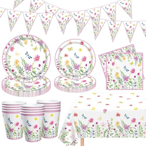 Paquete de 83 piezas de suministros para fiesta de primavera con flores, platos de papel florales, banderines, mantel, servilletas, decoración de vajilla de verano para baby shower, cumpleaños