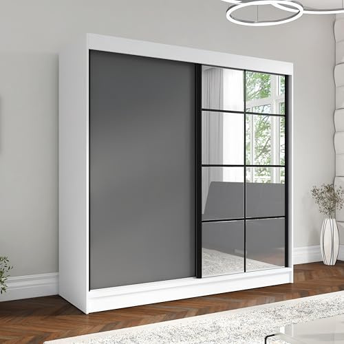 A&J MöbelLand Schwebetürenschrank TAVIRO Kleiderschrank 2-türig mit Schubladen und Spiegel, Garderobe 200 cm (Weiß/Graphit)