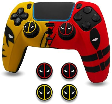 ElitePlay Yellow and Red Dpool vs Wolve Anti-Slip Silicone Cover Skin for PS5 Controller, Soft Rubber Case for PS5 Wireless Controller With Thumb Grip Set