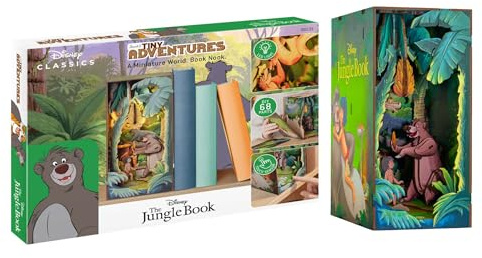 Revell Tiny Adventures Buchstütze Dschungelbuch I 3D Miniaturhaus aus Holz mit LED I Mogli & Balu als Book Nook fürs Regal I Bastelspaß & Geschenkidee für Disney-Fans und kleine Abenteurer