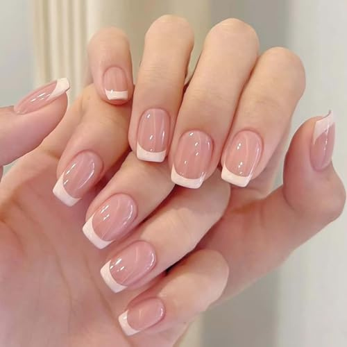 24Pcs French Press On Nails - Full Cover Square Fake Nails with Nude White French Tip Design for Women & Girls - Reusable Self-Adhesive Manicure Nail Art
