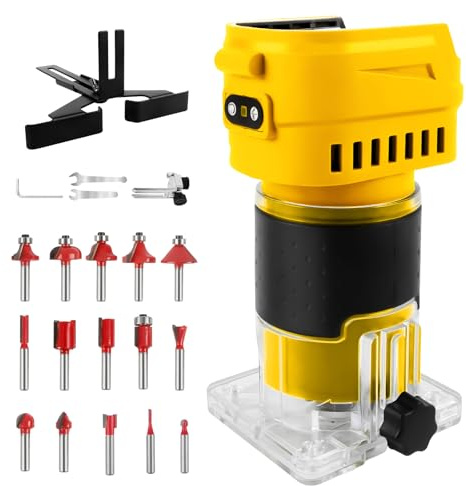 Cordless Palm Router Compatible with Dewalt 20V Battery, 30000RPM Brushless Motor Woodworking Trimmer with 15 PCS 1/4 Router Bits 6-Speed Edge Laminator for DIY & Carpentry(No Battery)
