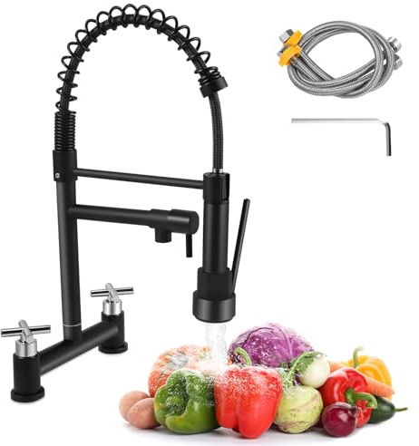 Kitchen Mixer Taps 2 Hole, Brass Dual Lever Pull Out Kitchen Tap, 360° Swivel Sink Tap Faucet with 2 Spray Modes, Easy Install 2-Hole Deck Mounted (UK 180mm Centre)(Black)