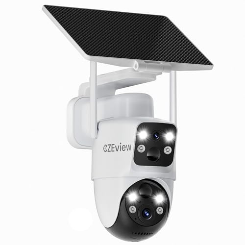 CZEview 4MP Dual Objektiv Überwachungskamera Aussen Solar, 2.4GHz WLAN | Outdoor Kamera mit Multifunktionalem Solarmodul, 10000mAh Akku, Dual Bewegungsmelder, Farb-Nachtsicht, 2-Wege-Audio