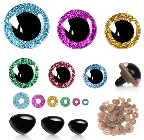90 Stück 12-30mm Sicherheitsaugen Set, Bunte Glitzer Knopfaugen mit Sicherheitsnasen und Unterlegscheiben, Kunststoff Augen zum Basteln, Puppenherstellung und Plüschtier (90)