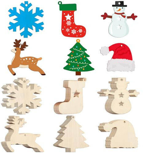 NEBURORA 36 Stück unlackierte Weihnachtsornamente aus Holz, 6 Stile mit Löchern, DIY-Weihnachtsdekorations-Set zum Aufhängen, bemalbar, natürliches Holzhandwerk, hängende Ornamente
