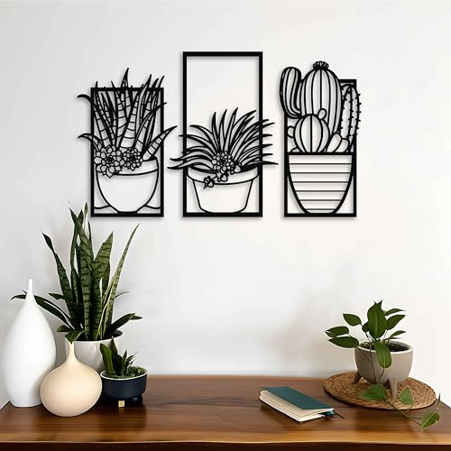 Arte de pared de metal para jardín de cactus, decoración de pared de maceta floral, colgante de pared de cactus al aire libre, regalo para amantes de las plantas, arte de pared de patio, decoración de