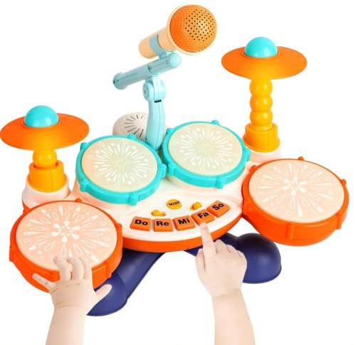 BAKAJI Batteria Giocattolo Musicale per Bambini con Microfono, Tamburo e 5 Tasti Musica con Suoni e Luci, Strumenti Musicali Giocattoli Interattivi con Drum e Pad Luminosi, Idea Regalo