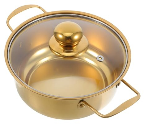 NOLITOY Ollas Acero Inoxidable Doradas con Tapa de Vidrio, Doble Asa, Calientan Rápido y Fáciles de Limpiar para Cocinar Sopa y Fideos Ramen en Inducción