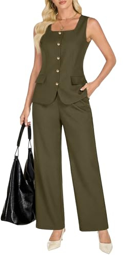 Funlingo Pants Suits for Women Summer 2 Piece Business Casual Outfits Blazer Vest Wide Leg Pantsuit Set 2026 Matching Spring Clothes Army Green M