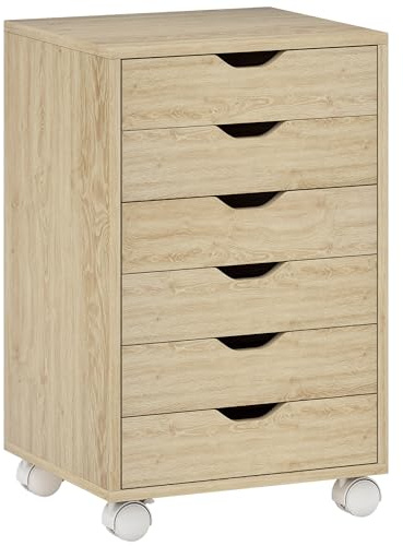 HOMCOM Cajonera Escritorio, Archivador Móvil, 6 Cajones, Roble | Soporte para Impresora con Ruedas, Guías Deslizantes Silenciosas, para Oficina, Casa