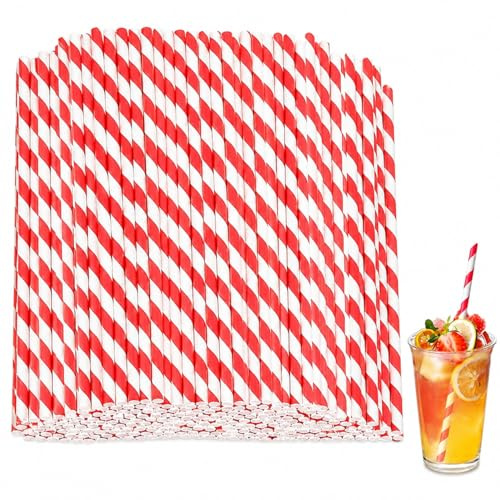 100 Pajitas de Papel Biodegradables 19,7 cm – Pajitas Rojas y Blancas a Rayas, Ecológicas y Resistentes para Fiestas, Cócteles, Restaurantes y Bebidas Frías o Calientes