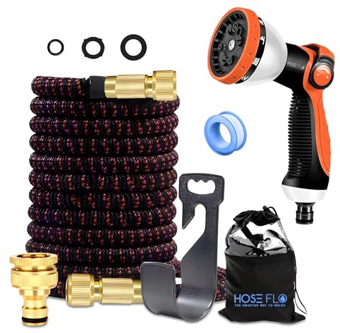 HoseFlo Expandable Garden Hose Pipe 100FT Orange, Flexible Retractable Water Hose, Kink-Free Lightweight Hose with 10 Function Spray Gun, Leak Resistant for Garden, Patio & Car Washing