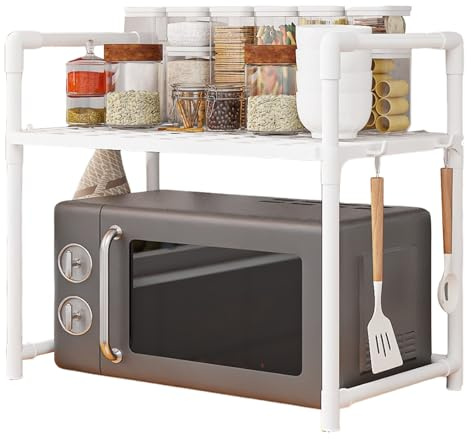 Microwave Shelf for Kitchen, Microwave Oven Holder with Hooks | Widened Tray Rack Double Level Support Machine - Home, Pantry, Motorhome, Everyday Use