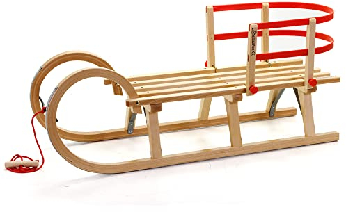 HolzFee Hörnerschlitten mit Lehne + Zugleine | Baran S 110 RL | Hörnerrodel Schlitten Holz