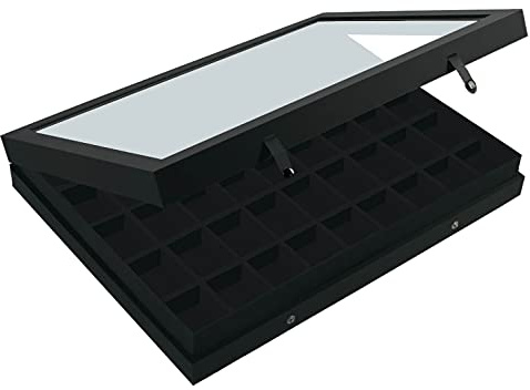 SAFE Black Edition Sammelvitrine mit 45 Fächern und Echtglas | 45 Samtfächer, Echtglasdeckel und mattschwarze Leinenstruktur.