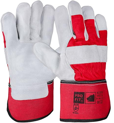 PRO FIT Arbeitshandschuhe Rindspaltleder 3 Paar – robuste Lederhandschuhe für Bau, Garten & Handwerk – Schutzhandschuhe mit Baumwollrücken, Stulpe & verstärkter Innenhand – Rot/Natur