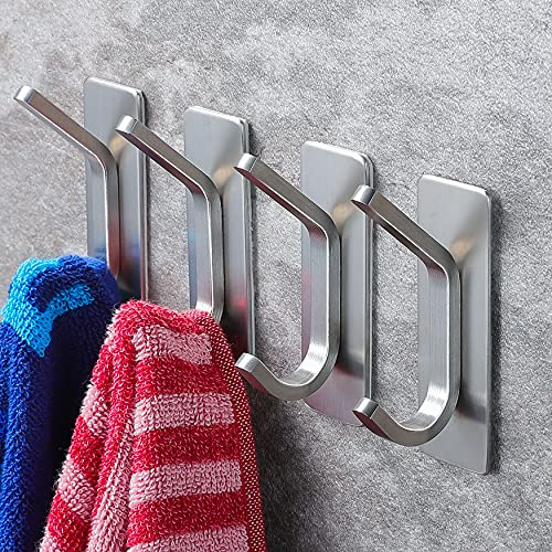 YIGII Metal Towel Hooks, SUS304 Stainless Steel, 4-Pack, Self Adhesive for Smooth Tiles Only, Wall Hooks for Bathroom & Kitchen, Up to 10lbs