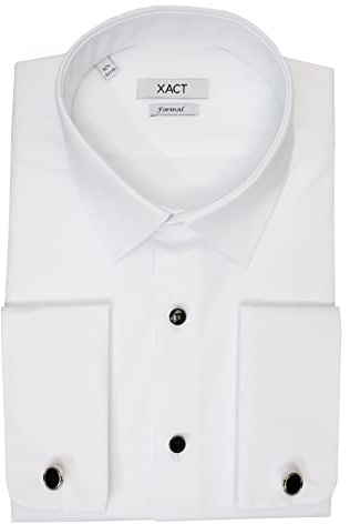 Xact Men’s Standard Collar Dress Shirt – Plain Front with Black Buttons – Double Cuff Formal Shirt with Cufflinks for Evenings, Cruises & Weddings (White - Standard Collar - Black Buttons) 18 1/2