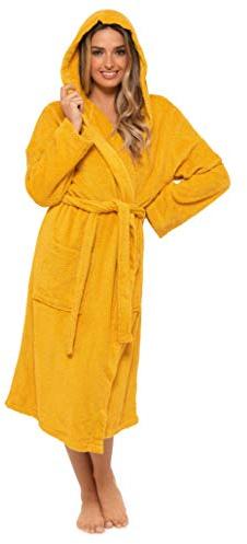 CityComfort Robe de Chambre pour Femmes en Coton éponge Peignoir de très Absorbant Capuche et châle Serviette de Bain Wrap (Moutarde, M, EU 40-42)