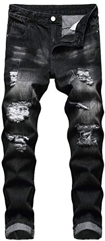 QIMYUM Mens Ripped Jeans, Distressed Destroyed Slim Fit Straight Leg Denim Pants (34, Black702)