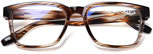 DOOViC Lesebrille Blaulichtfilter Gestreift Braun Quadratische Rahmen Groß Gläser Computerbrille Brille mit Sehstärke für Damen/Herren 1,0