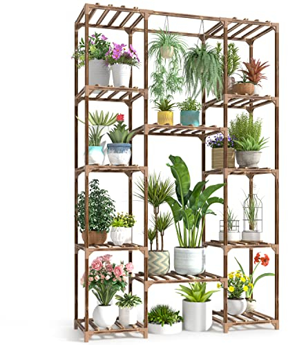 cfmour Wood Plant Stand Indoor Outdoor, 62.2 Tall Flower Shelf Tiered Plant Stands for Multiple Plants Large Planter Holder Hanging Shelves Rack for Living Room Garden Balcony