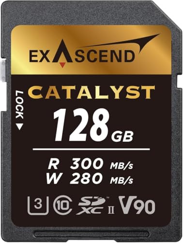 Exascend Catalyst - Tarjeta de Memoria SDXC UHS-II V90 SDHC de 300 MB/S, 128 GB, Calidad cinematográfica, 8K UHD de hasta 280 MB/s, velocidades de Escritura, 300 MB/s de Lectura UHS-II, Clase 10, U3