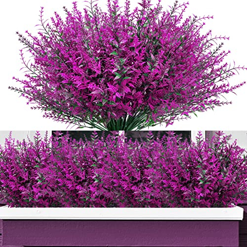 12 Bündel Künstliche Lavendel Büsche Kunstblumen für Außen, Künstliche Blumen Balkonpflanzen Wetterfeste UV Beständige Plastikblumen für Outdoor Indoor Balkon Garten Balkonkästen, Fuchsie
