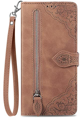 Brown Embossed PU Case for Samsung Galaxy A53 5G Phone Wallet Flip Case Cellphone Shell Large Capacity Handbag Purse Zipper Pocket Magnetic Blocking Clutch with Wrist Strap for Samsung Galaxy A53 5G