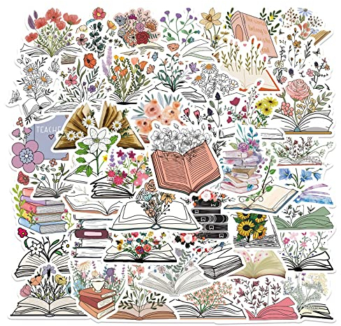 Buch Blume Aufkleber für Laptop(50 PCS),Geschenk für Kinder Teens Erwachsene Jungen,lesen Stickers wasserdichte Vinyl Aufkleber für Scrapbook,Skateboard,Auto,Gepäck