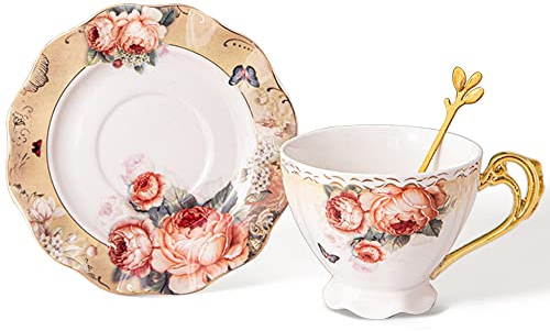 fanquare Blume Porzellan Teetasse und Untertasse Set, 200ml Kaffeetasse mit Goldrand, Orange Teetasse Set für den Täglichen Gebrauch