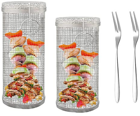 Amesor 2 Pièces Panier À Griller Roulant, Barbecue en Acier Inoxydable, Cuisson pour Barbecue, Paniers À Griller Cylindriques pour Griller des Légumes, du Poisson, La Vian, 20/30cm