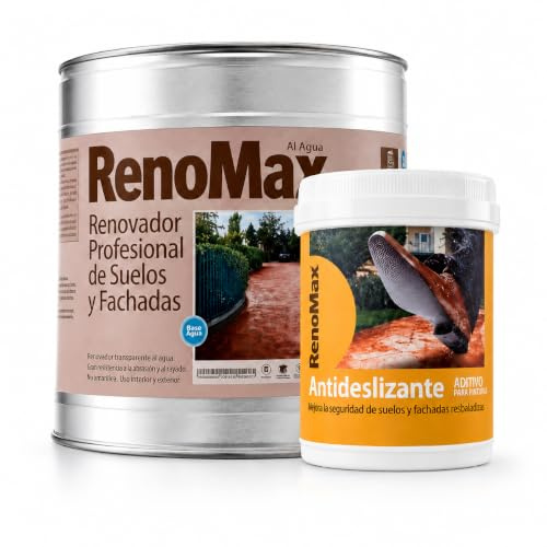 RENOMAX - Resina Hormigon Impreso y Superficies Porosas Al Agua + Aditivo Antideslizante en Polvo, 15L Cubre hasta 150m² | Repara y Protege Suelos, Fachadas | Garantía 5 Años, Certificado C3