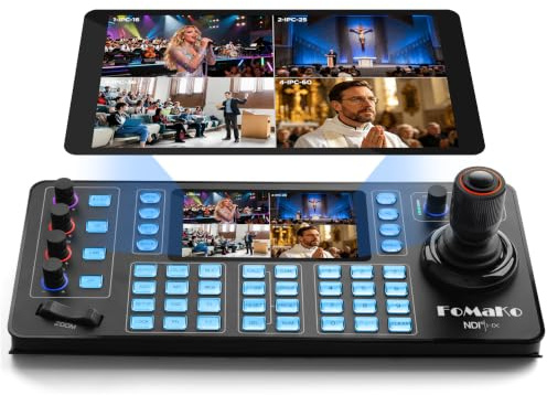 FoMaKo NDI PTZ Camera Controller KC608N – 5.5 Capacitive Touchscreen, 4K Preview, 4D Hall Joystick, PoE, VISCA/Pelco/NDI HX Support – for Church, Worship, Education, Conference & Live Events