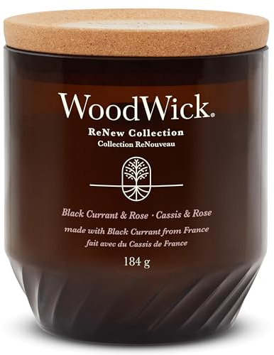 WoodWick ReNew Duftkerze mit knisterndem Docht | Mittelgroße Kerze in Black Currant & Rose | Soja & Kokosnuss-Wachsmischung | Hergestellt aus recycelten Materialien | Perfekte Geschenke für Frauen