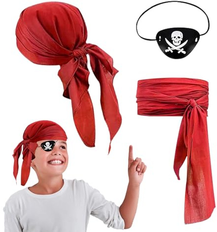 KERANEET Lot de 3 accessoires de costume de pirate - Cache-œil de pirate pour enfants - Vintage - Accessoires de pirate - Foulard pour enfants - Écharpe de pirate - Pour carnaval et fête