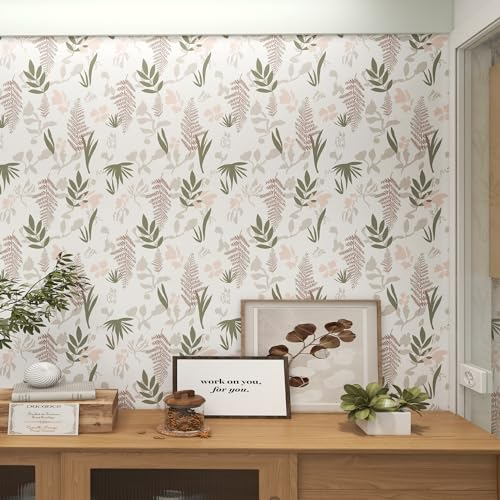 Yangfix Blumen Selbstklebende Tapete Grün, Rosa und Grau Blumen und Blätter Abziehen und Aufkleben Kontaktpapier Wasserdicht und Ablösbar Vinyl-Folie Wandaufkleber Rolle für Küche 44x500cm