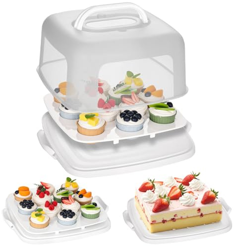 VGOODALL Cupcake and Cake Container with Lid, White Square Cake Carrier 12 Capacity Cup Dessert Holder with Handle for Pie Muffin Cobbler Family Picnics and Party Events, 2-in-1 Design