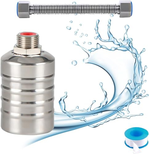 Schwimmerventil 1/2 Zoll mit 30cm Wellrohr und Wasserhahn-Dichtungsband, Automatisches Wasserstandskontrollventil 304 Edelstahl Schwimmerventil für Wassertank Pool Tränke Weidentränke Viehtränke