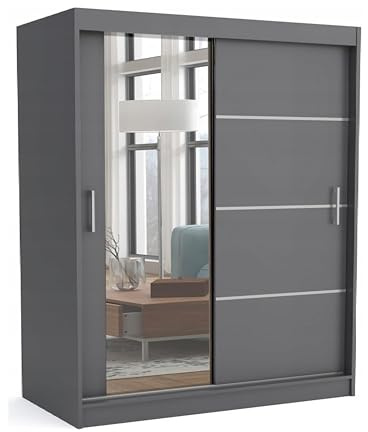 Brent - Kleiderschrank mit Spiegel 160cm Breit Windsor Tomy I Schlafzimmerschrank mit 2 Kleiderstänger und Einlegeböden für Kleidung I Kleiderschrank Anthrazit